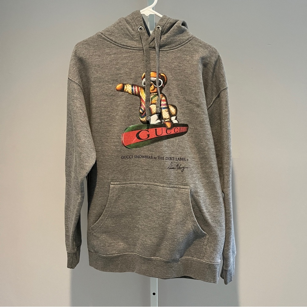 Artist signed faux polo bear x Gucci vintage gray hoodie size men’s small/medium